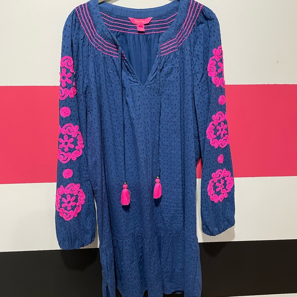 Lilly Pulitzer Lucee Tunic Dress Oyster Bay Navy Basyside Eyelet Size XL